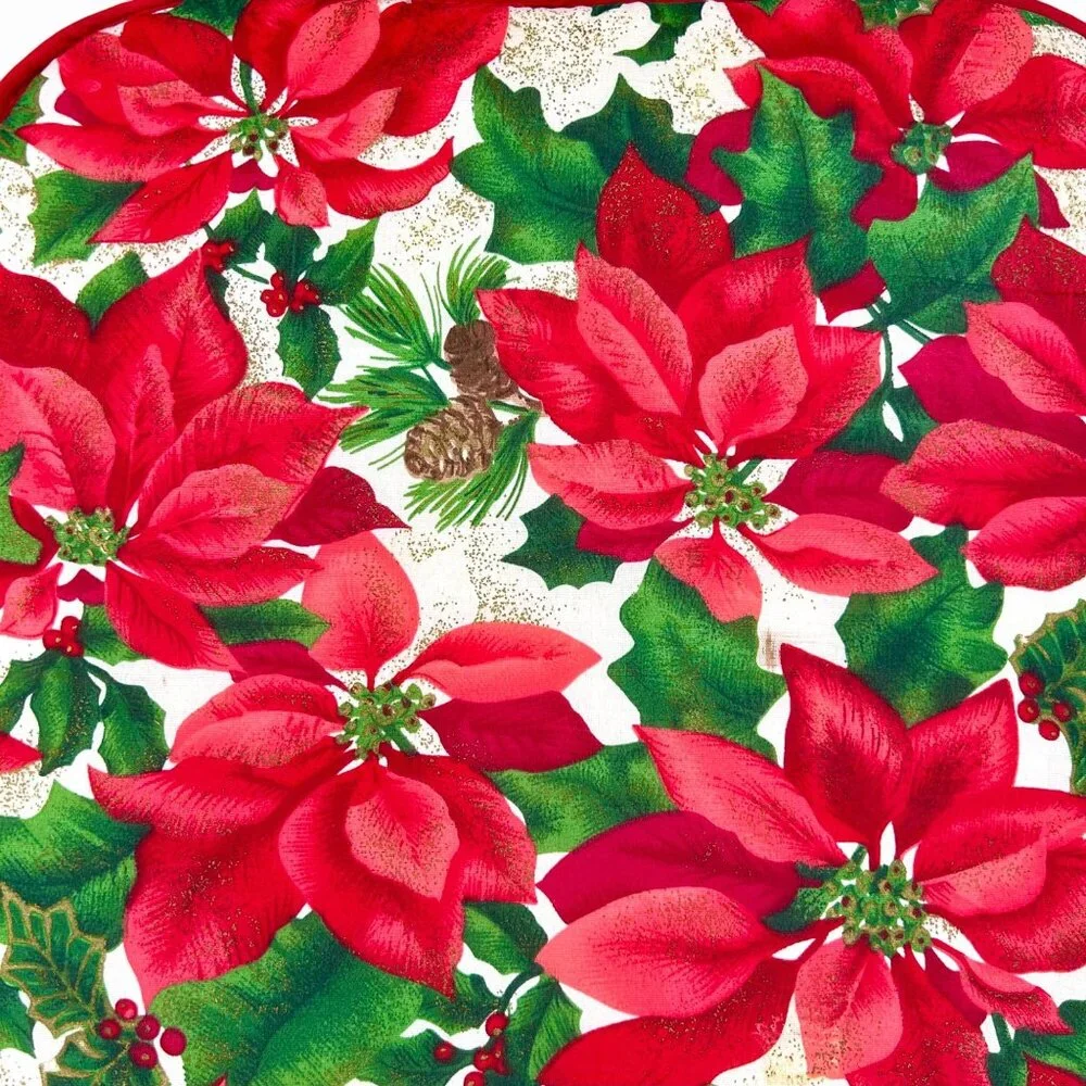 SET OF 4 CHRISTMAS HOLIDAY RED & GREEN POINSETTIA CHAIR CUSHIONS